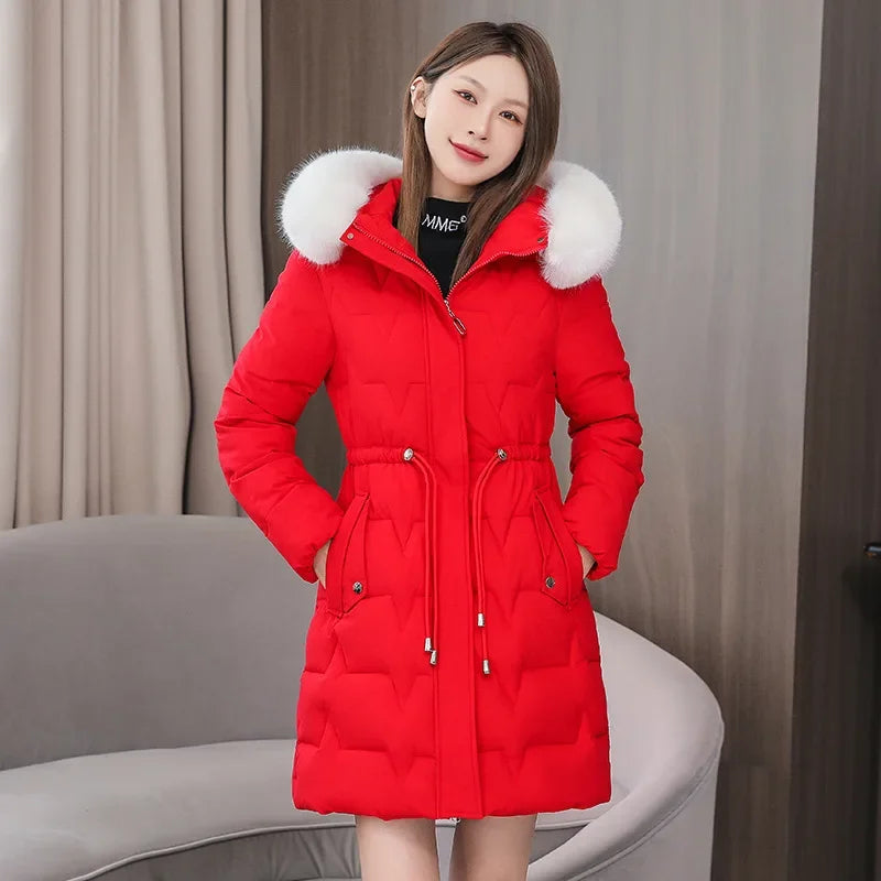 2025 New Winter Women Parka Fur Hooded Jackets Thicken Warm Cotton-padded Puffer Coat Casual Long Parkas Clothes Loose Outerwear