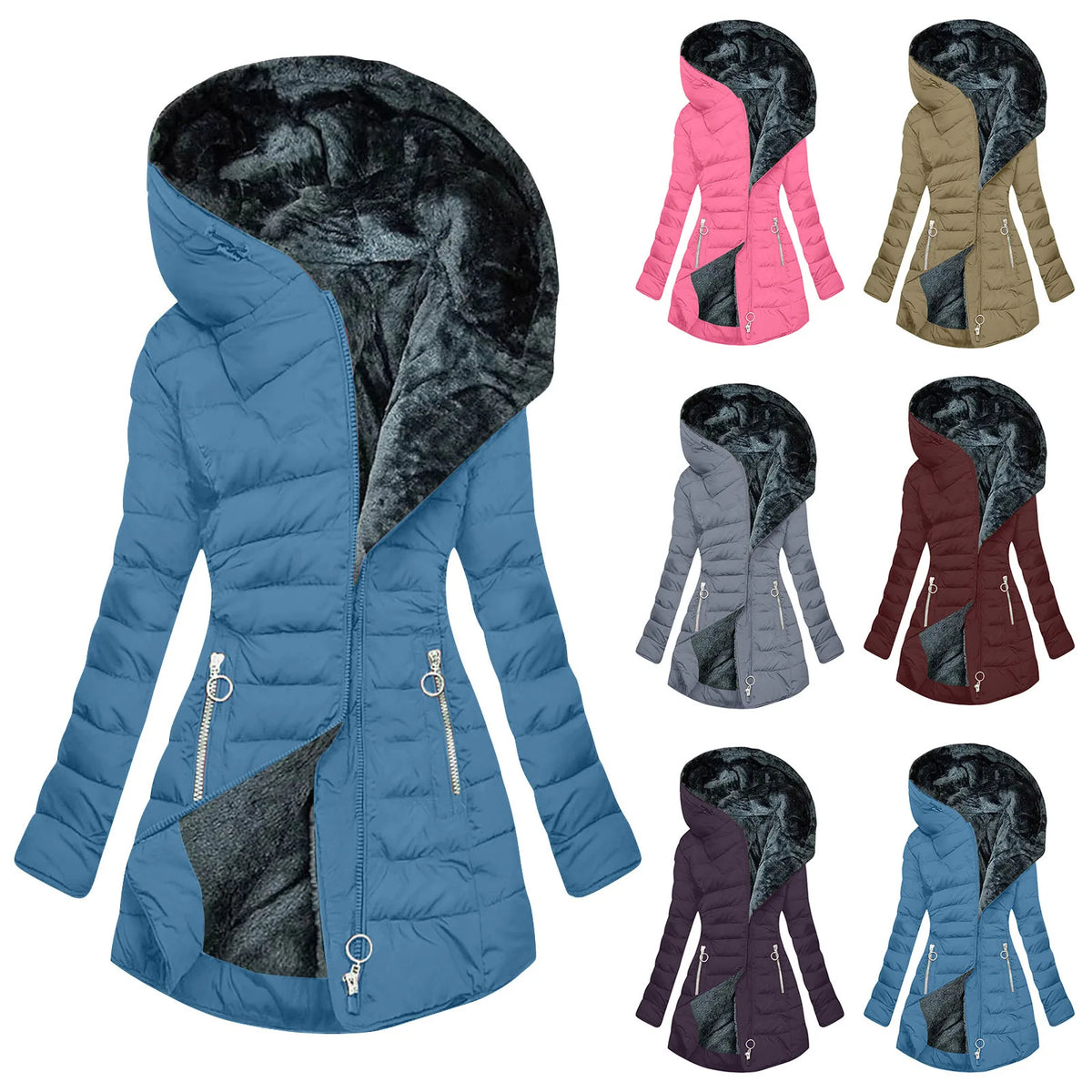 Women Parkas Hooded Solid Zipper Splice Midi Coats Long Sleeve Pockets Slim Fit Thick Coat Casual Parka Warm Winter 2024