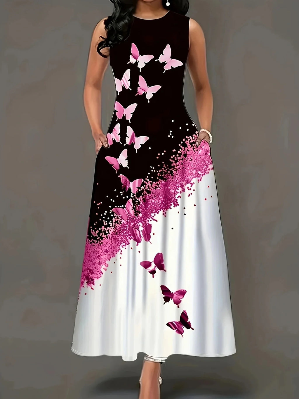 Summer new gradient butterfly print sleeveless dress, loose and slimming with pockets, elegant long skirt