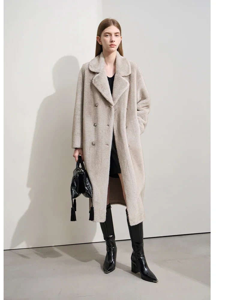 AMII Minimalism Women's Imitation Mink Eco-friendly Fur Suit Collar Double-breasted 2024 Winter Loose Thick Outerwears 12424011