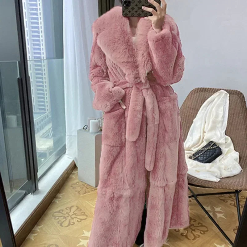 Solid Color Fur Jackets Overcoats Lace Up Pockets Trend Faux Fur Coat Women's Mid-Length Coat Fashion Loose Faux Outwear Coats