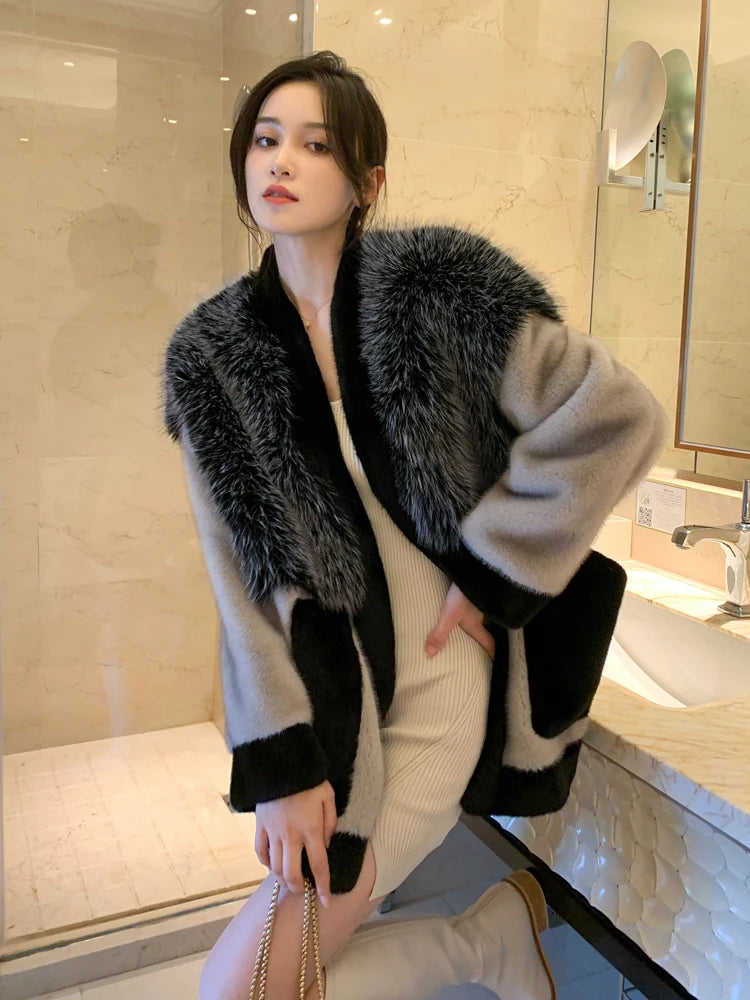 Mink Fur Jacket Women V-neck Single Breast Big Pockets Coat Splicing Mid Length Casual Outerwear 2024 Winter New Fashion