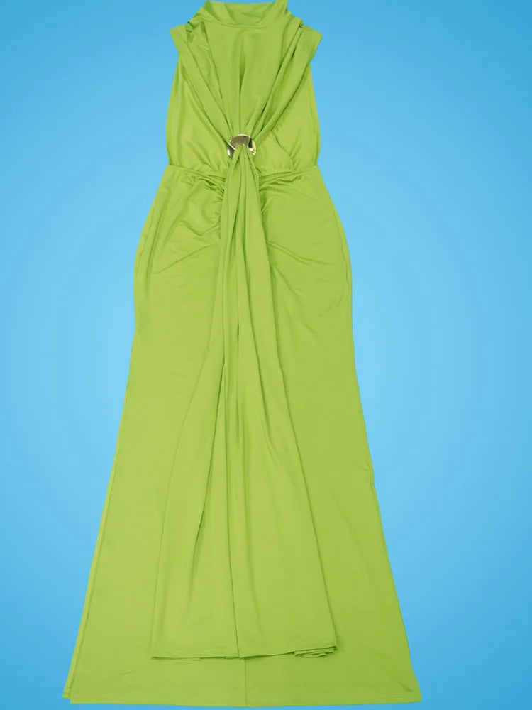 Beyprern Beautiful Green Sleeveless Hollow Out Pleated Prom Dress Women's Cut Out Metal Long Straps Party Club Dress Vestidos