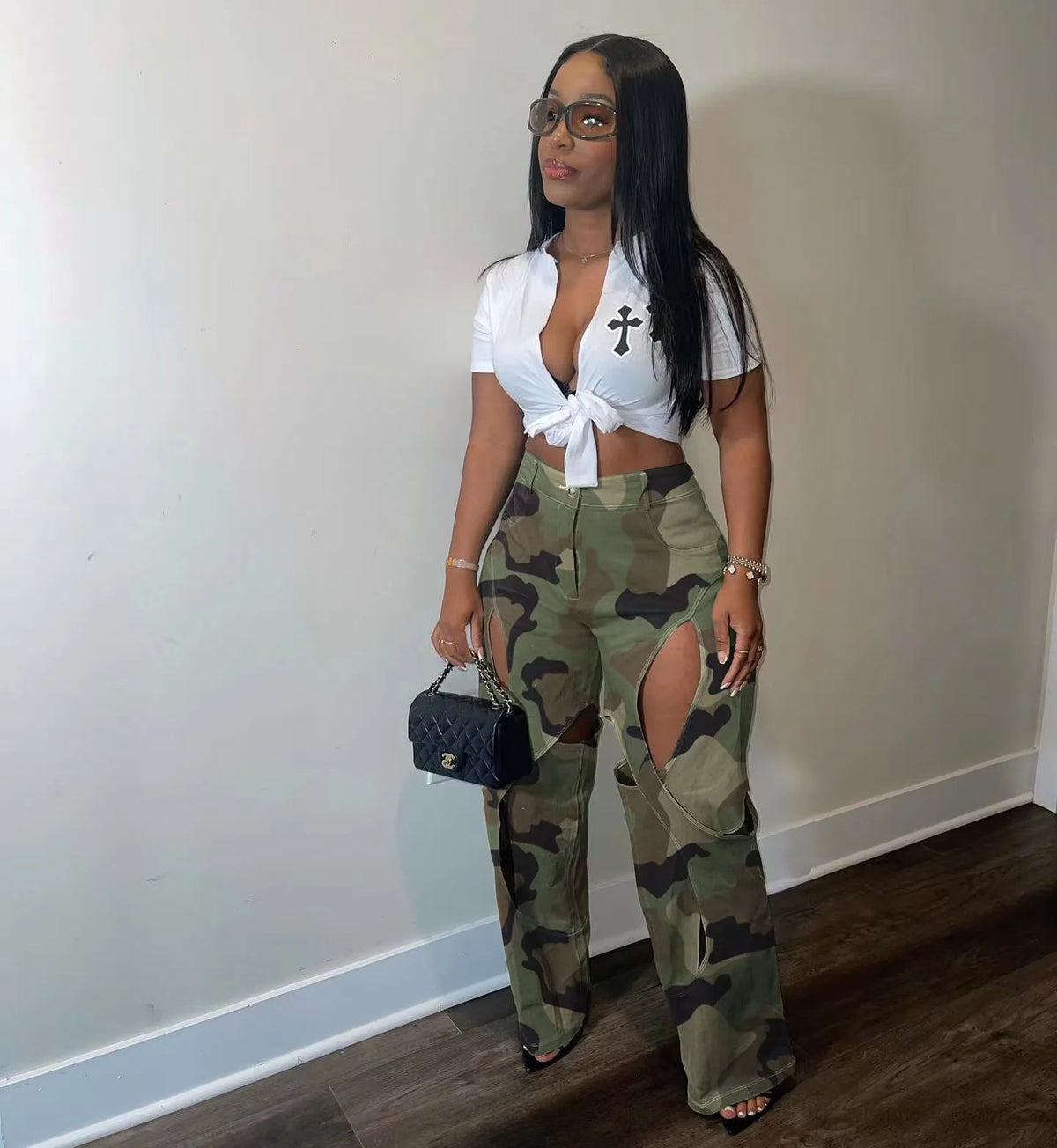CM.YAYA Fashion women camouflage cutout cross criss straight cargo pants 2023 autumn winter safari style trousers