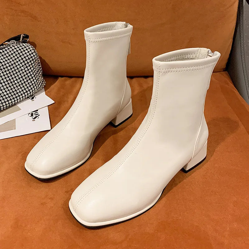 Elastic Socks Boots Fashion Ankle Boots Women High Heel Thicks  Heel Square Toe Short Boots Women Retro 2022 New Ladies Shoes