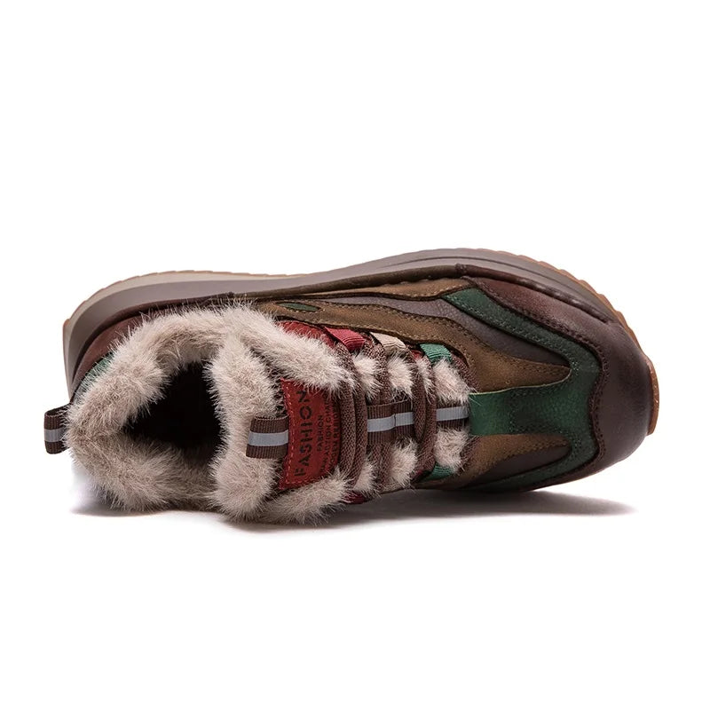 DRKANOL 2026 Women Winter Warm Shoes Handmade Retro Genuine Cow Leather Flat Platform Mixed Colors Lace-Up Fur Casual Shoes Lady