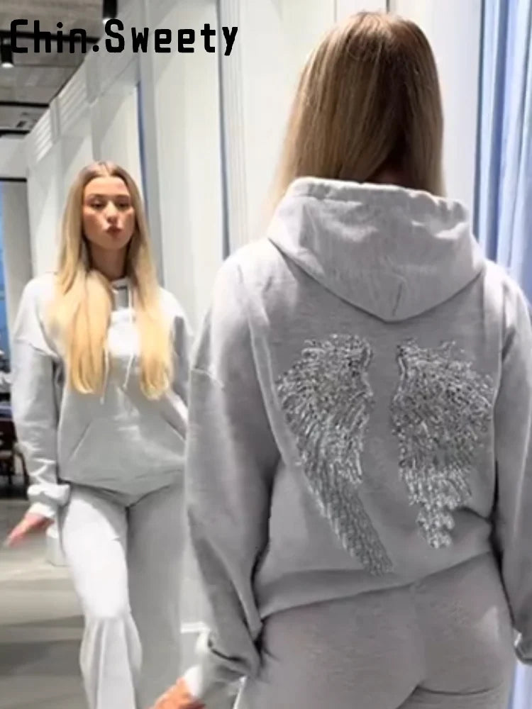 Casual Sequined Angel Wings Oversize Hoodie Women Loose Grey Long Sleeve Street Warm Pullover 2026 Autumn Lady Daily Wear New
