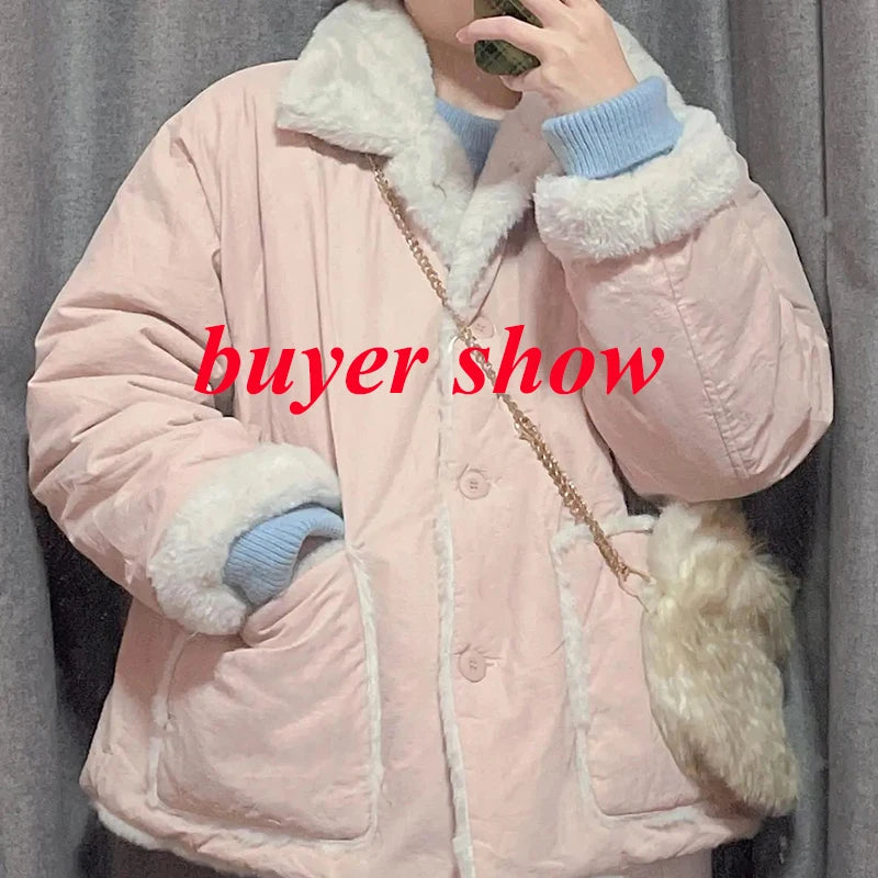 Biyaby Kawaii Pink Lapel Neck Parkas Women Winter Plus Velvet Thickened Warm Coats Woman Single Breasted Two Big Pocket Parka