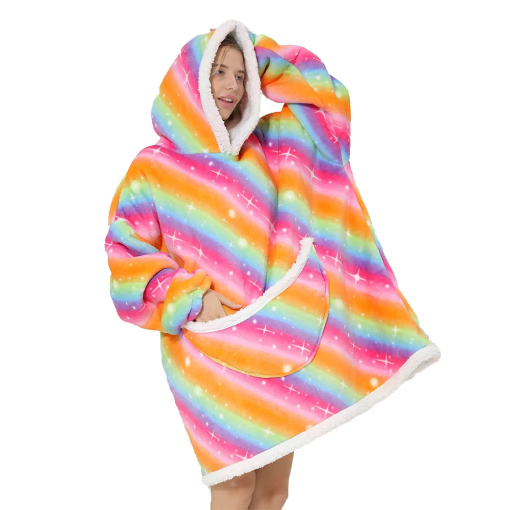 2024 Cartoon Oversized Hoodie Blanket with Sleeves Winter Warm Fleece Sweatshirt Cow Hoodies Women Men Korean Funny Print Hoodie