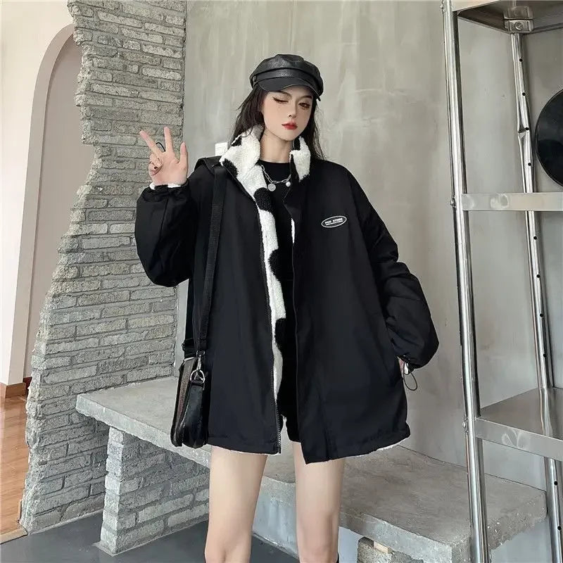 Autumn/Winter Couple's Stand Collar Cotton Coat Two-Sided Wear Lamb Wool Fleece Jacket For Men And Women Niche Nylon Parkas