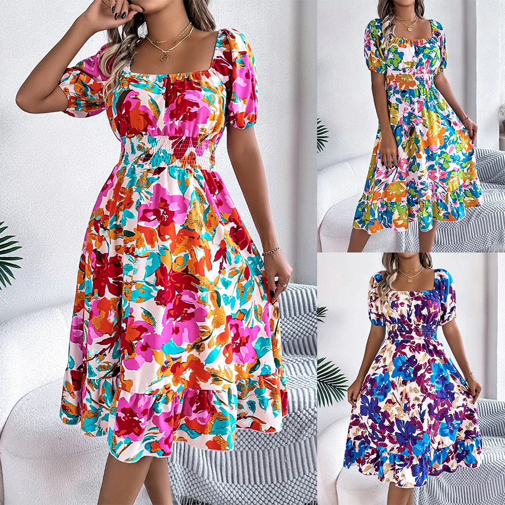 Elegant Print Dress Women Fashion Square Collar Short Sleeved Elastic Waist Folds Dresses High Waist Off-shoulder Midi Dresses