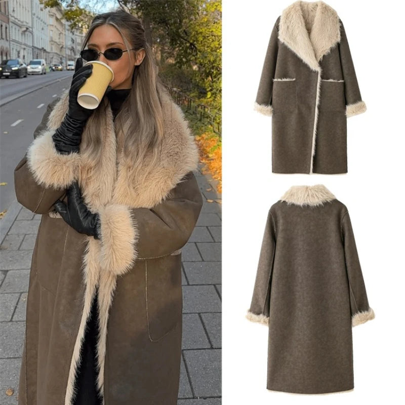 Women Faux Fur Long Coats Jackets Turn Down Collar Coat Thick Warm Y2k Streetwear Jacket Work Outerwear Autumn Winter 2025
