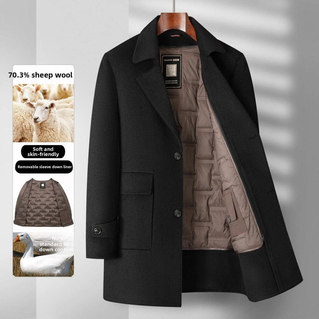 2025 Winter New Men's High end Wool Coat with 70% Wool Content, Down Inner Tank Thickened Warmth, Medium to Long Business Coat