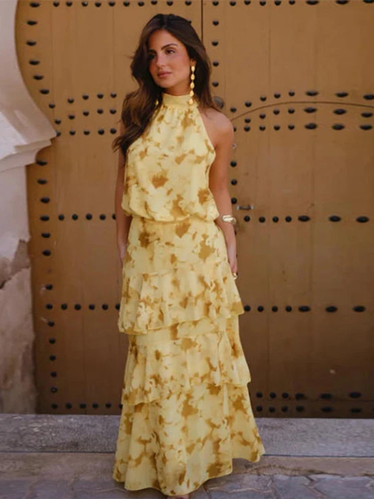 Floral Print Halter Neck Cutout Maxi Dress Tiered Ruffle Sleeveless 2026 Summer Women Vacation Dress Fashion Boho Lady Vestido