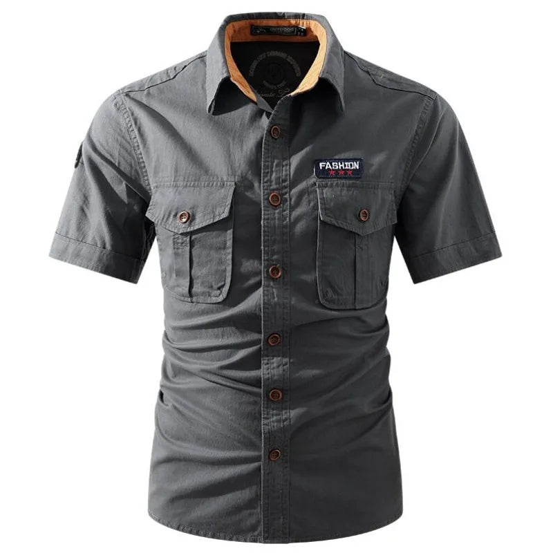 New Men Summer Short Sleeved Shirts Multi Pockets Military Tooling Shirts Quality 100% Cotton Male Outdoor Casual Shirts Size 5X
