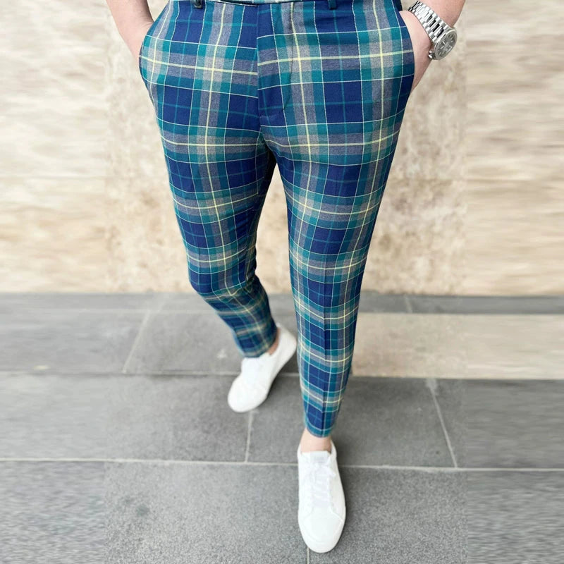 12 Colors Plaid Printed Men's Pencil Pants Business Casual Ankle Length Slim Men Suit Pants Fashion Handsome Pantalones Hombre
