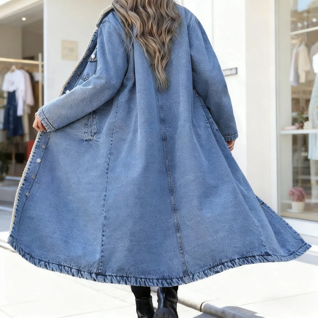 Women Faux Fur Mid Length Coats Jackets Turn Down Collar Coat Thick Denim Y2k Streetwear Jacket Elegant Outerwear Autumn Winter