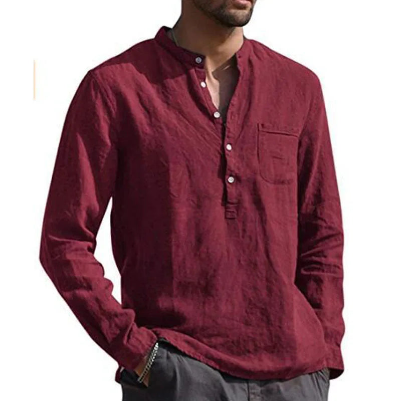 Casual Cotton Shirt Long Sleeves Crew Neck Men's Summer Simple Plain Blouse Button Down Tops Plus Size