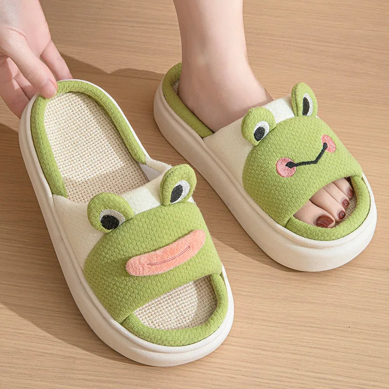 Cute Cartoon Frog Home Linen Platform Slippers for Four Seasons Indoor Green Anti Slip Thick Sole Wear-resistant Cool Slippers
