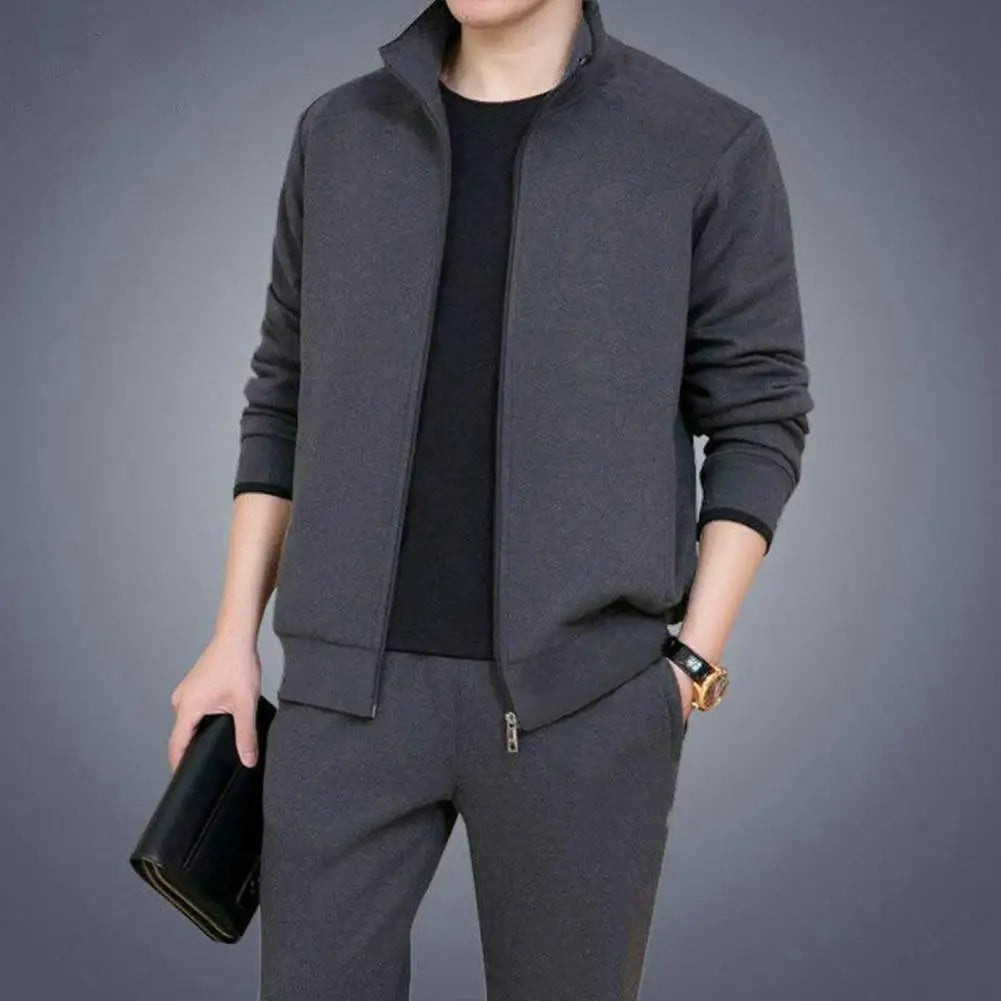 Men Sports Suit Men's Sport Outfit Set Long Sleeve Zipper Coat Elastic Waist Sweatpants Solid Color Sweatshirt with for Active