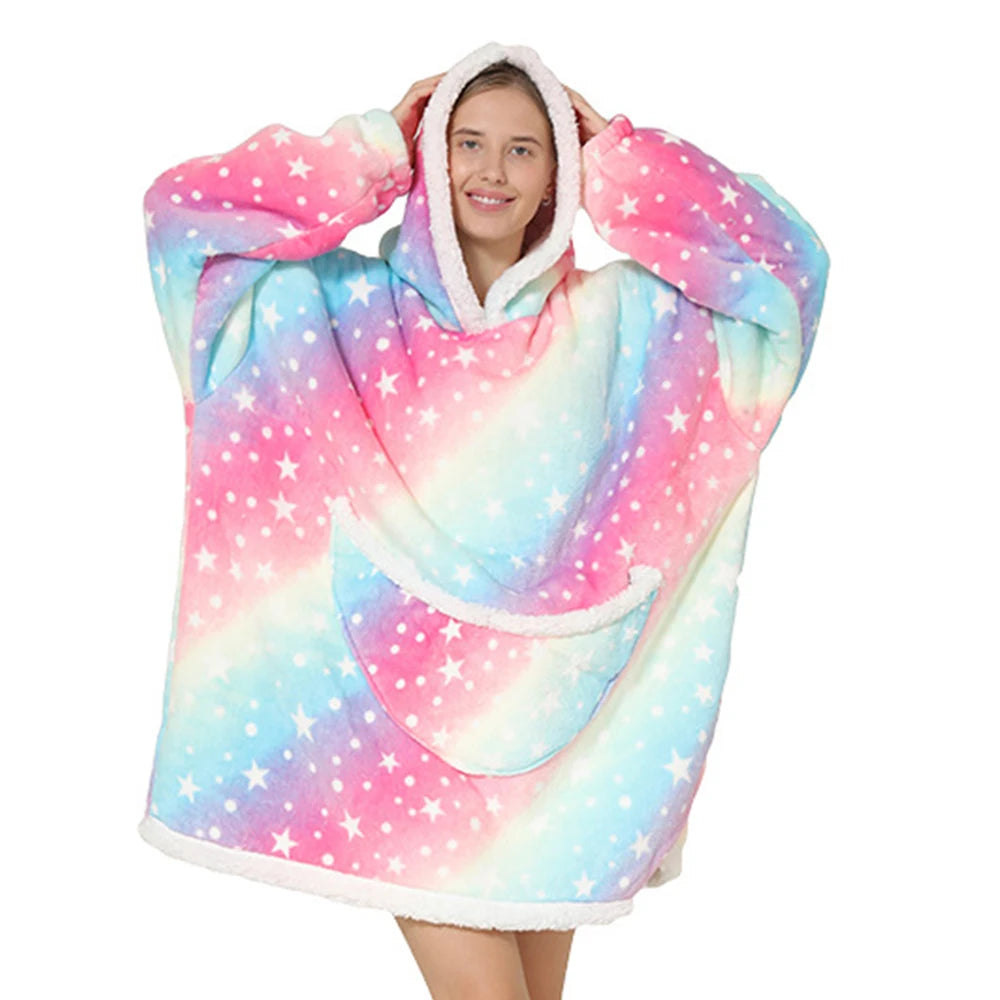 2024 Cartoon Oversized Hoodie Blanket with Sleeves Winter Warm Fleece Sweatshirt Cow Hoodies Women Men Korean Funny Print Hoodie