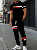 American striped print summer new men's breathable and comfortable round neck T-shirt and pants set outdoor casual clothing
