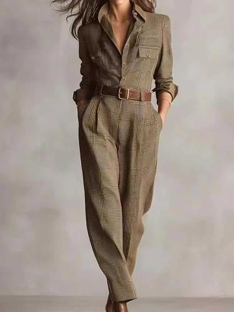Retro Plaid Printing Ladies Slim Fit Jumpsuits Autumn Winter Long Sleeve Lapel Buttons Casual Rompers Women Elegant Cargo Pants