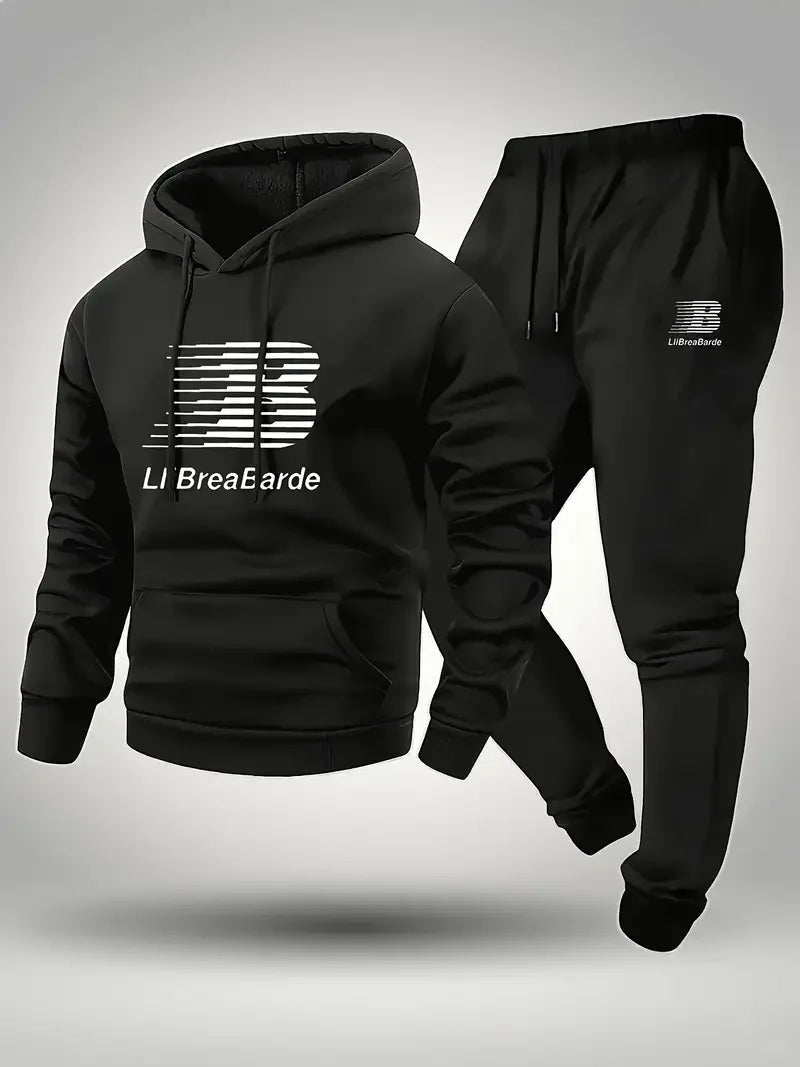 Men's letter printed casual hooded sports suit with polyester fiber long sleeved pullover and drawstring running pants suitable