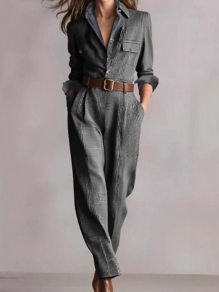 Retro Plaid Printing Ladies Slim Fit Jumpsuits Autumn Winter Long Sleeve Lapel Buttons Casual Rompers Women Elegant Cargo Pants
