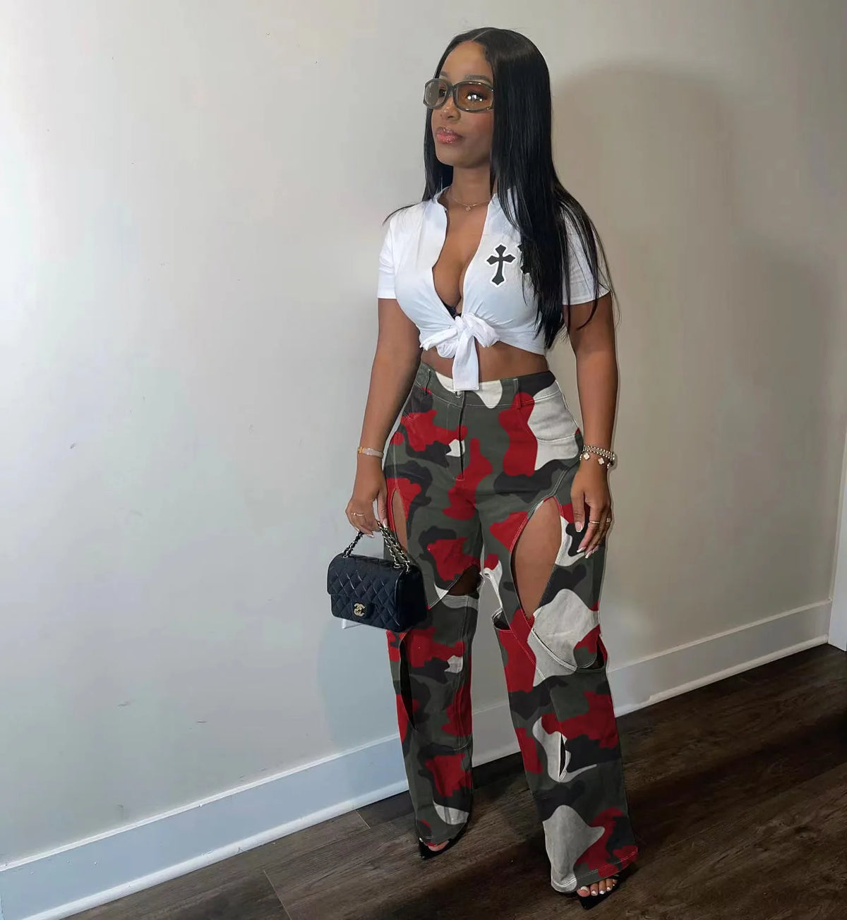 CM.YAYA Fashion women camouflage cutout cross criss straight cargo pants 2023 autumn winter safari style trousers