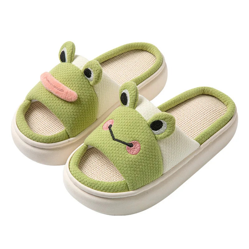 Cute Cartoon Frog Home Linen Platform Slippers for Four Seasons Indoor Green Anti Slip Thick Sole Wear-resistant Cool Slippers
