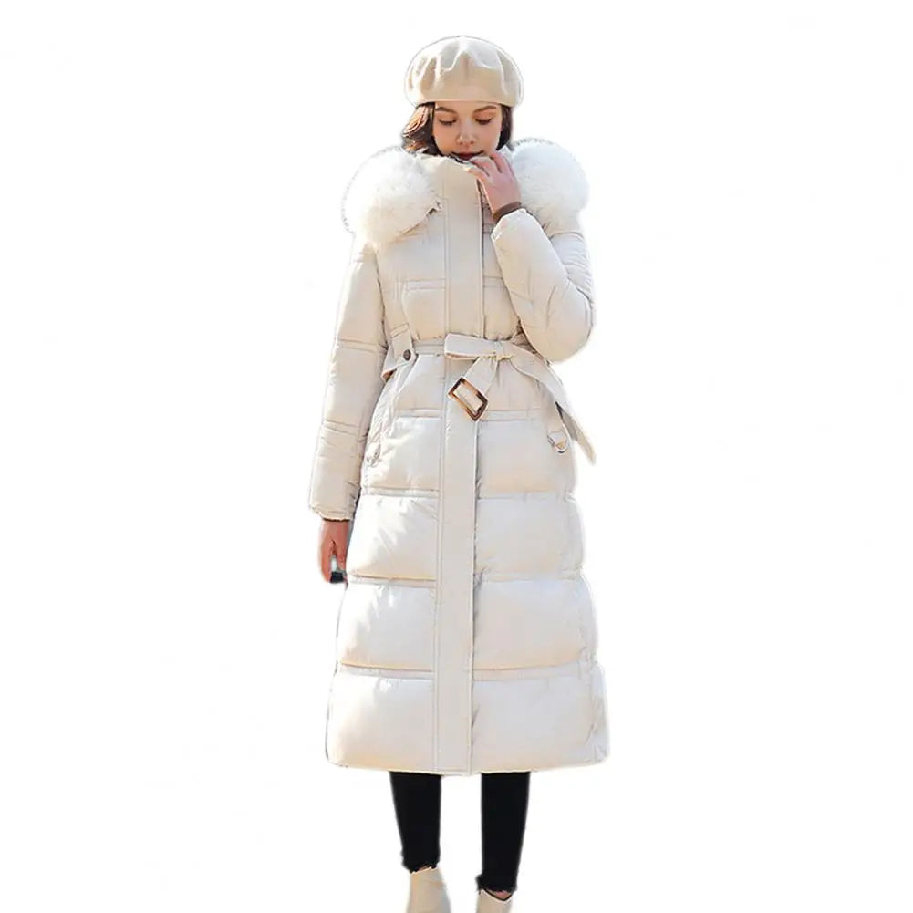 Winter Women Long Parkas Solid Colo Neck Hooded Cotton Jacket Pockets Windproof Zipper Closure Padded Outwear