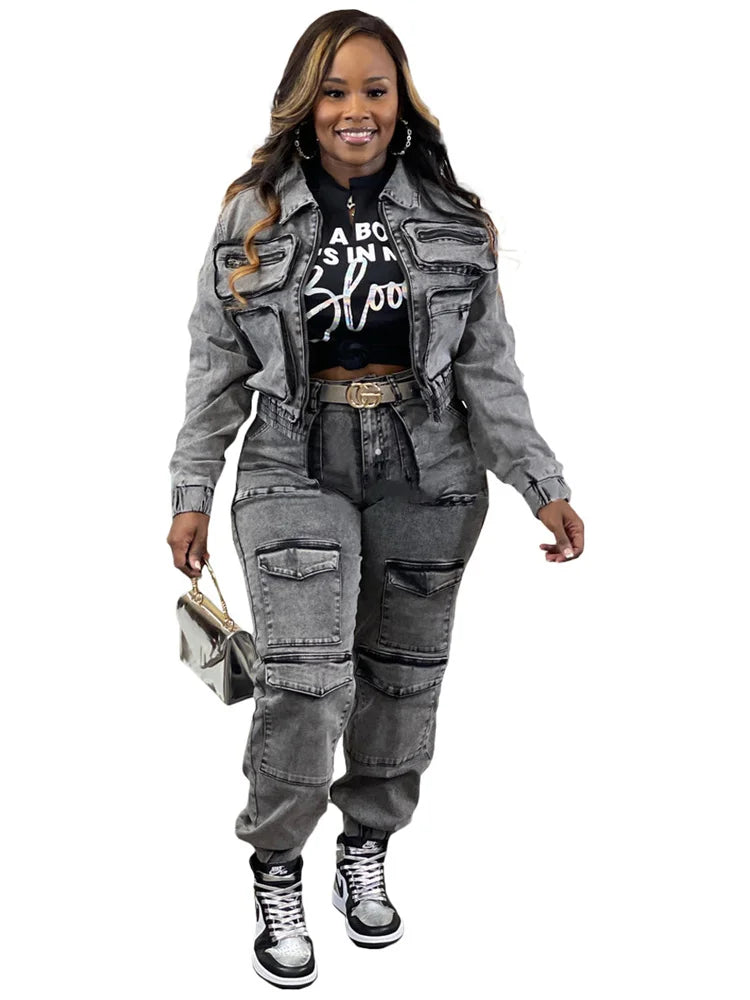 Wmstar Denim Two Piece Set Women Jacket Coat Top Jeans Cargo Pants Cool New in Winter Matching Clothes Wholesale Dropshipping