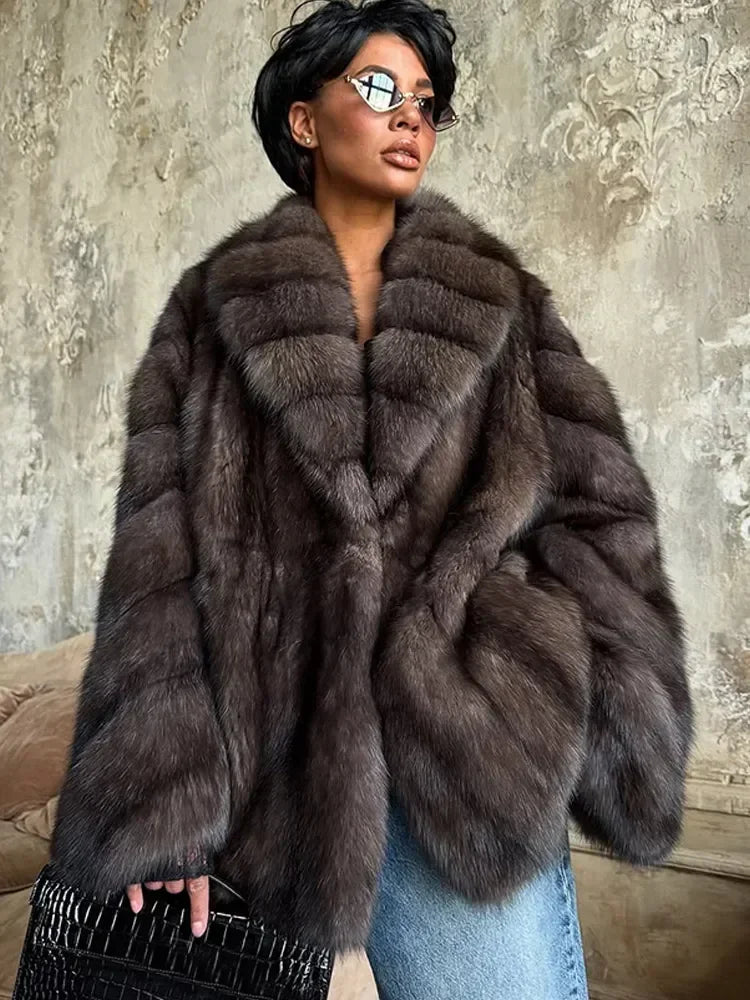 Women Solid Faux Fur Coat Elegant Lapel Collar Long Flare Sleeve Loose Jackets New Winter Warm Female Chic High Street Outerwear