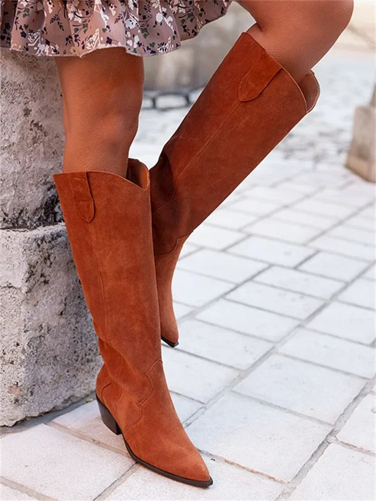 2023 Winter Women's Boots Wedge Heels Knee High Boots Fashion Western Pointed Toe Shoes Slip on Cowgirl Tall Boots Botas Mujer