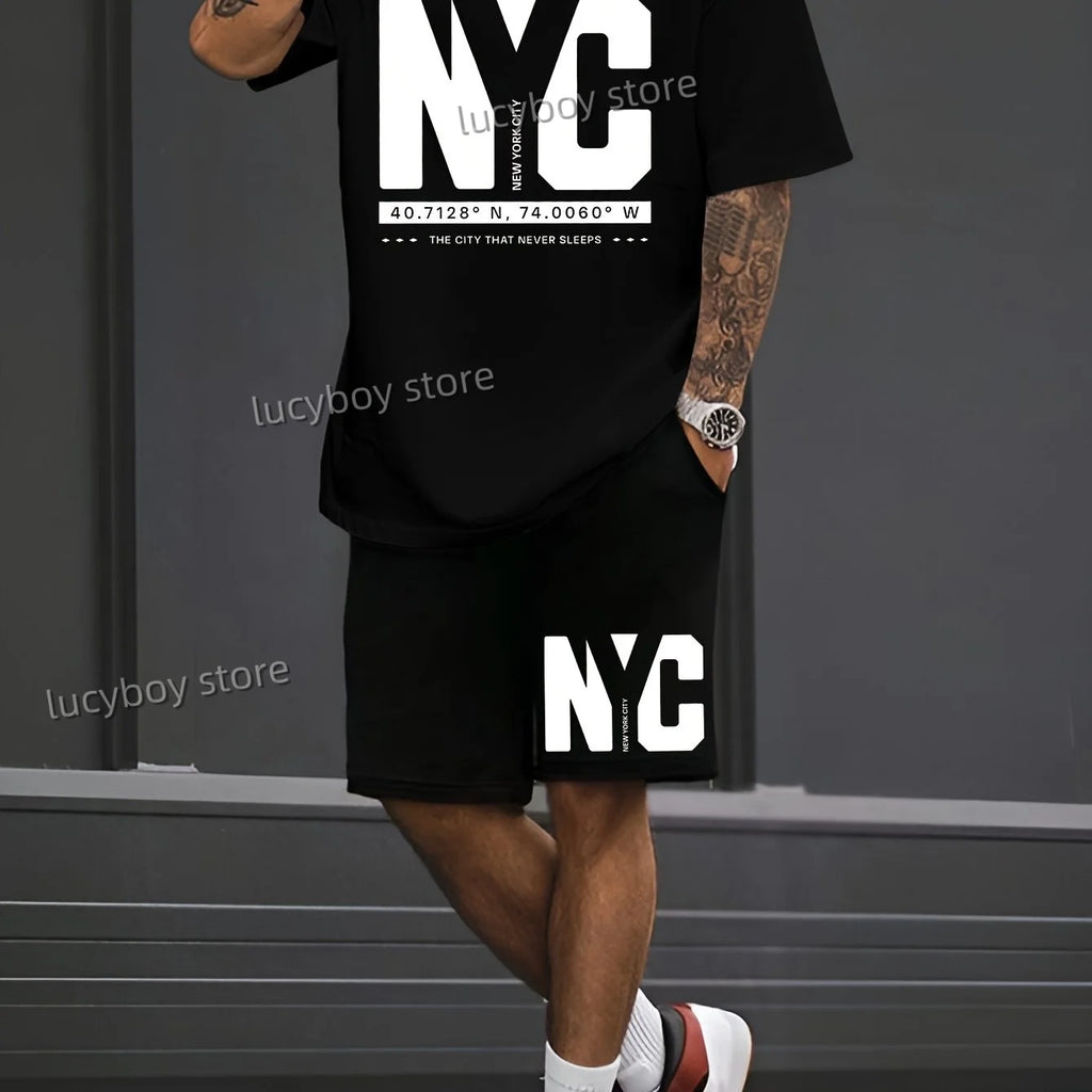 NC NEW YORK Letter Printed Sport T-shirt+shorts Suit Set Men Male Luxury Tracksuit Outfit  Runing  Oversized 2 Piece Set Clothes
