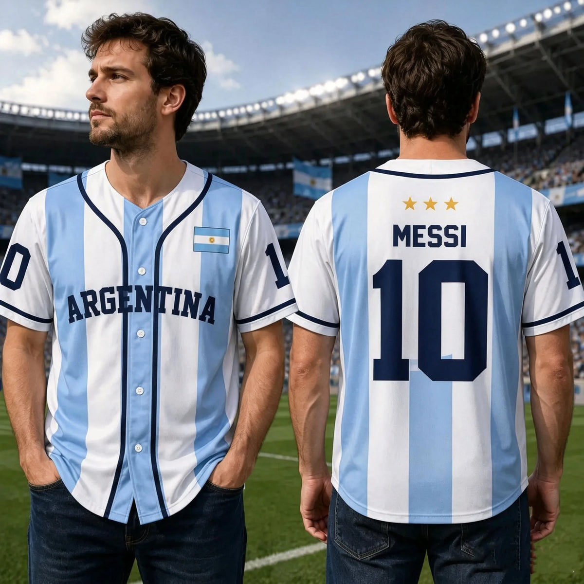 2026 Argentina Messi No.10 3 Stars Baseball Jersey Blue White Striped Short Sleeve Button Shirt Flag Print Unisex Men Women Tops