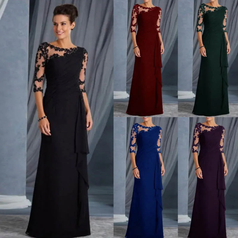 Temperament Elegant Women's Long Dresses See Through Lace Patchwork Mid-sleeve Slim Party Dress Commuting Style Evening Vestidos