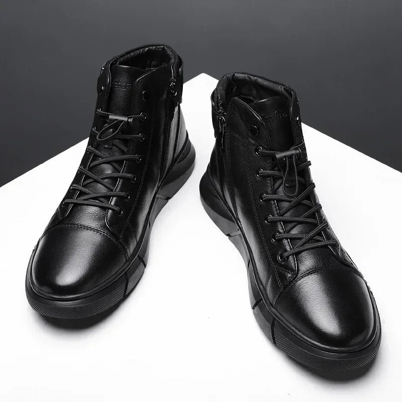 2024 Autumn Winter Fashion Men's Ankle Boots PU Leather High Quality Comfortable Black Leather Platform Casual Shoes