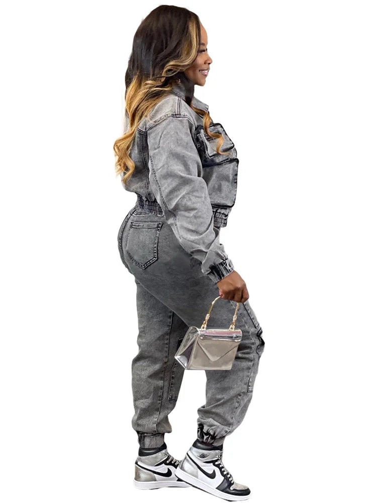 Wmstar Denim Two Piece Set Women Jacket Coat Top Jeans Cargo Pants Cool New in Winter Matching Clothes Wholesale Dropshipping