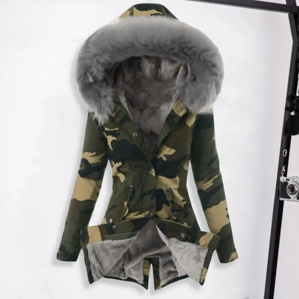 Women Winter Windproof Mid Length Jacket Faux Fur Fleece-lined Down Coat Camouflage Print Slim Fit Outerwear
