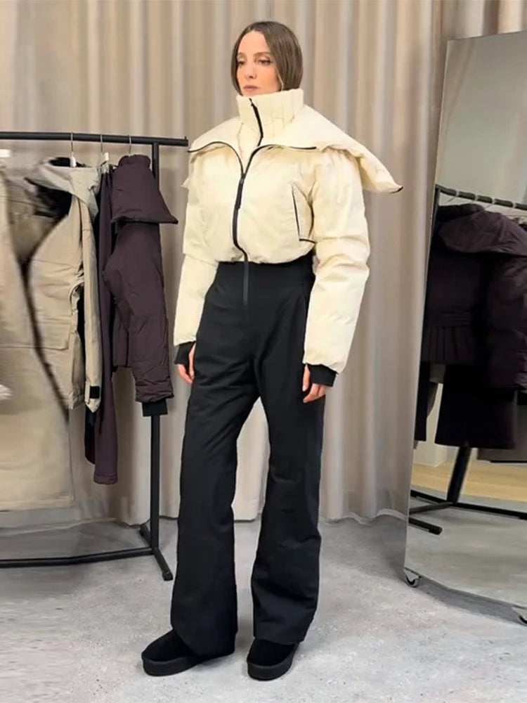 Cotton Padded Ski Jumpsuit Sets Women Zipper High Waist Windproof Outwear Wide Leg Snow 2025 Winter Sports Street Lady Skiwear