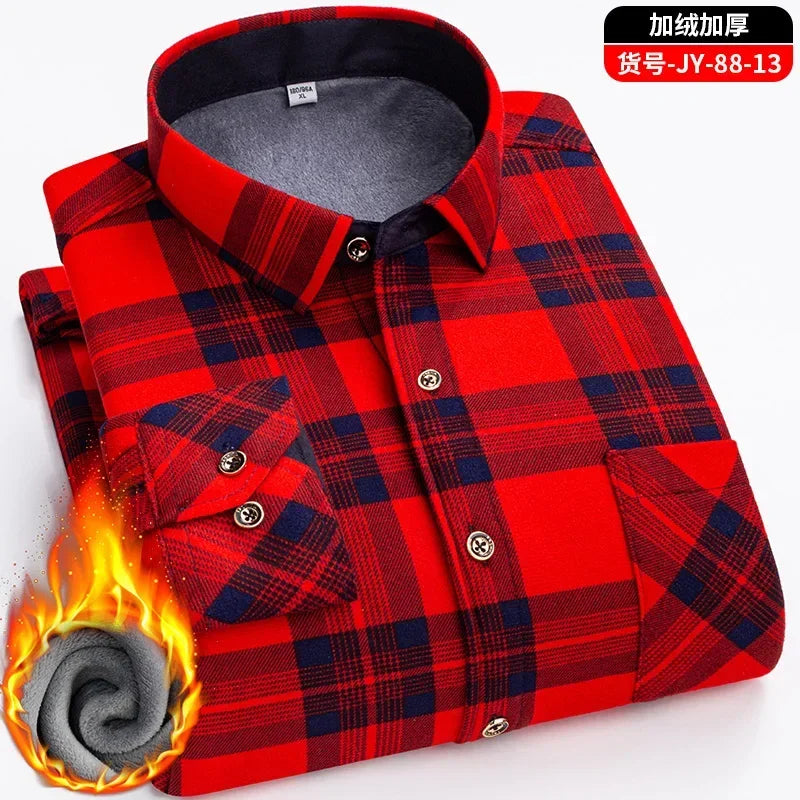 2025 New in Fleece Lining Men's Double-sided Velvet Autumn Winter Plaid  Long-sleeved Shirt Winter Middle-aged and Elderly Shirt