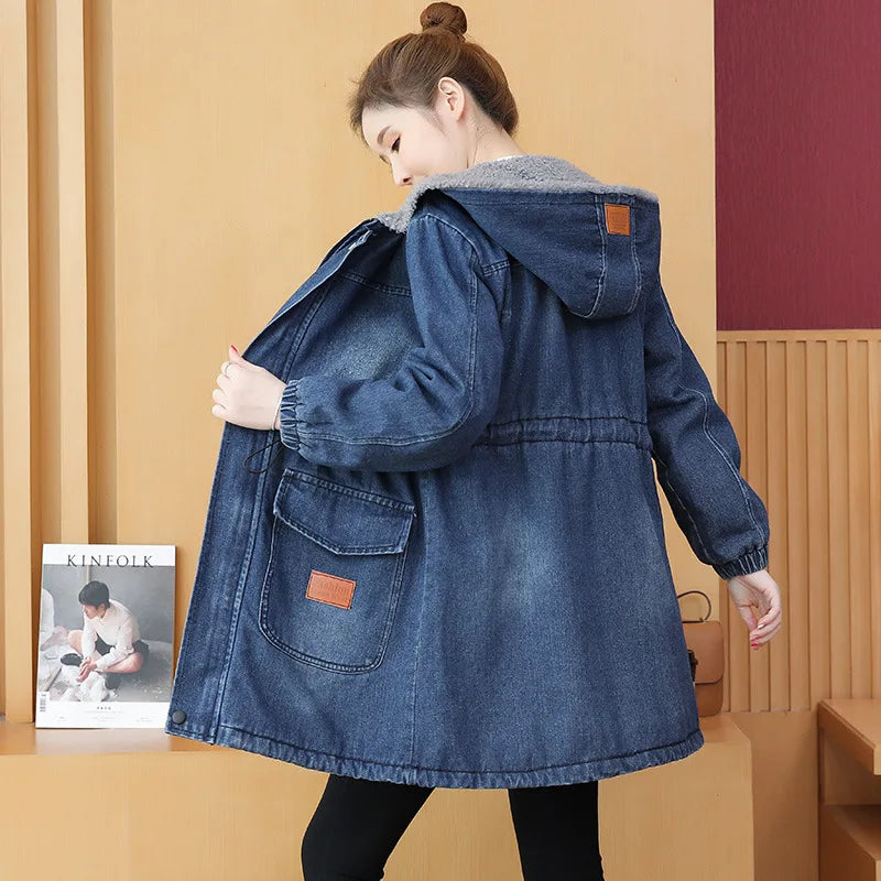Women's Winter Parkas Coat  2024 New Hooded Korean Version  Ladies Cowboy Down Cotton Jacket Fashion Loose Lady Outerwear