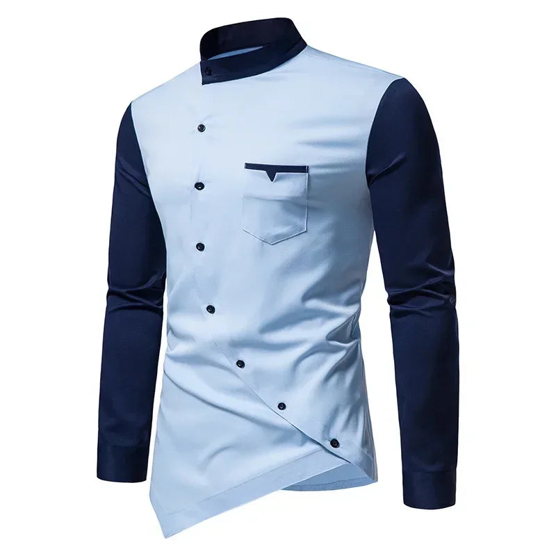 2026 Men's Casual Shirts Patchwork Irregular Oblique Button Long Sleeve Men's Dress Wedding Business Shirt Tops Chemise Homme