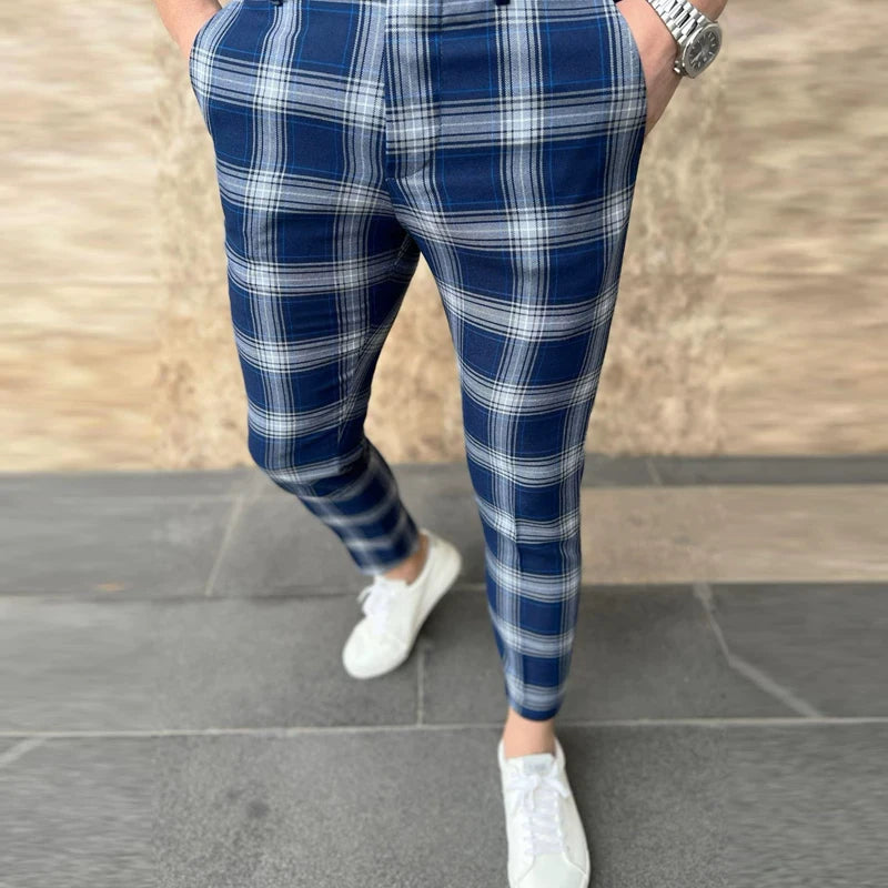 12 Colors Plaid Printed Men's Pencil Pants Business Casual Ankle Length Slim Men Suit Pants Fashion Handsome Pantalones Hombre