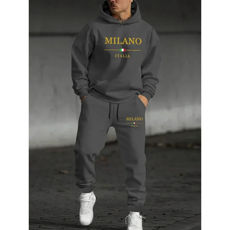 Men's autumn and winter casual fashion warm MILANO ITALIA pattern printed loose plush thick hooded sweatshirt+sweatpants set