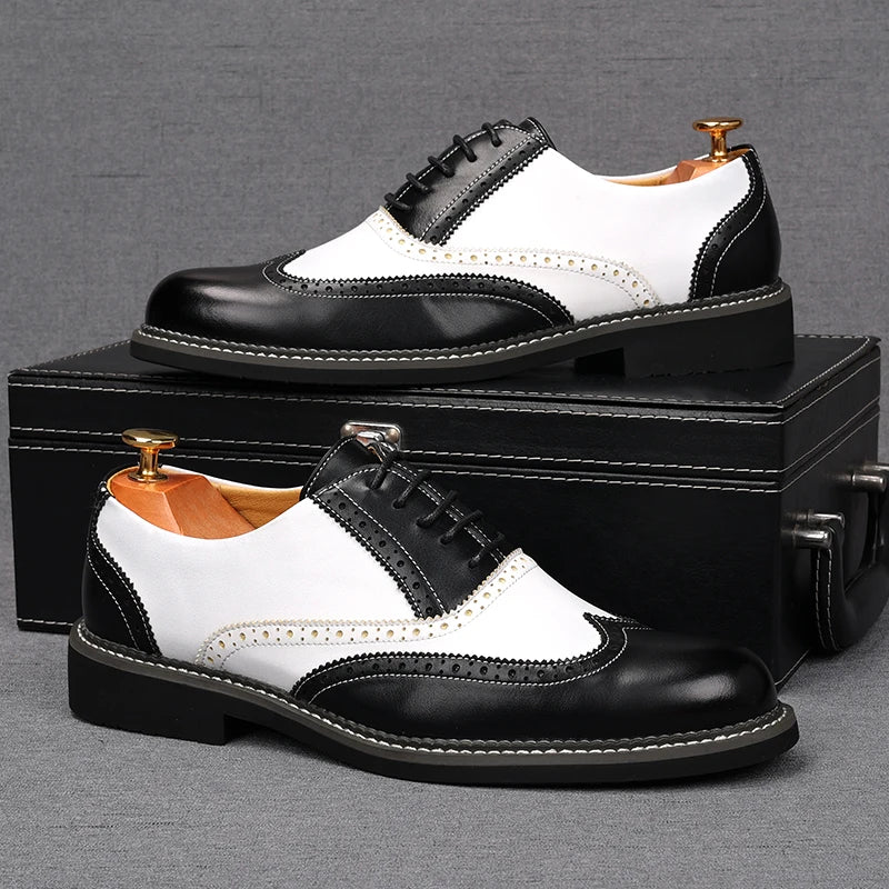 Fashion New Men's Black White Mixed Patent Leather Oxford Flats Brogues Shoes Male Homecoming Wedding Dress Zapatillas Hombre