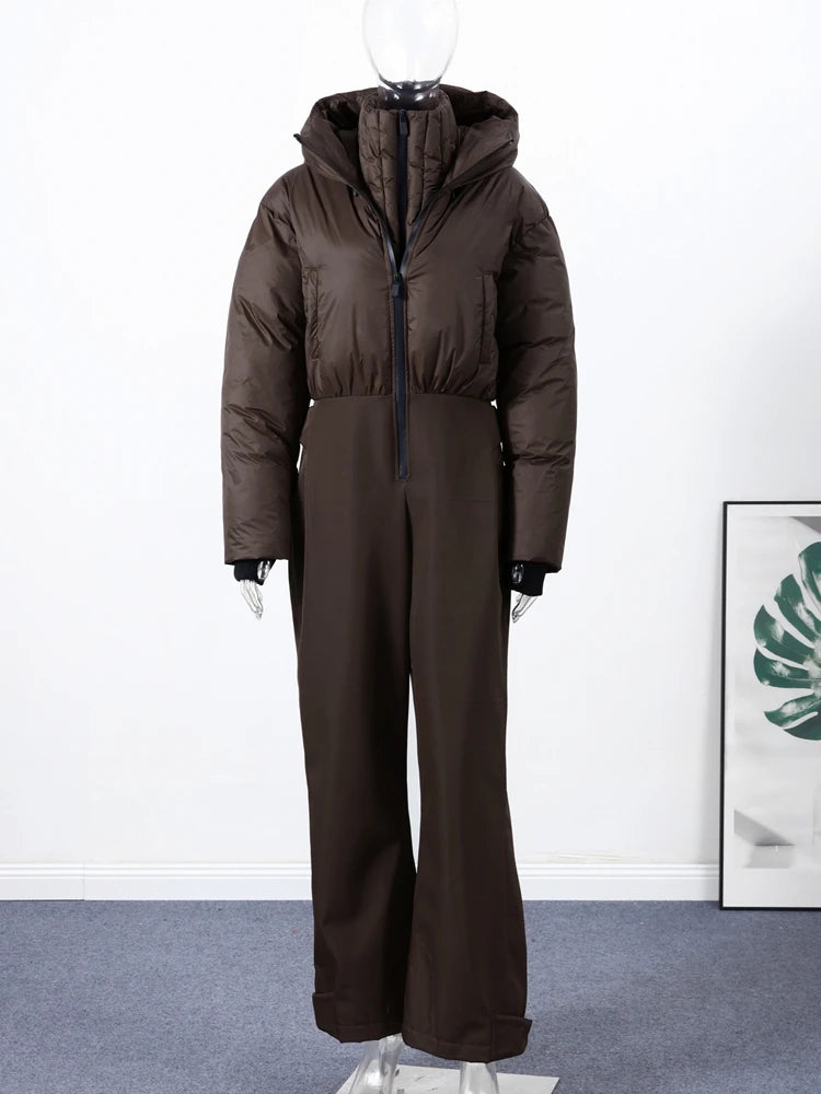 Cotton Padded Ski Jumpsuit Sets Women Zipper High Waist Windproof Outwear Wide Leg Snow 2025 Winter Sports Street Lady Skiwear