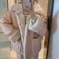 Biyaby Kawaii Pink Lapel Neck Parkas Women Winter Plus Velvet Thickened Warm Coats Woman Single Breasted Two Big Pocket Parka